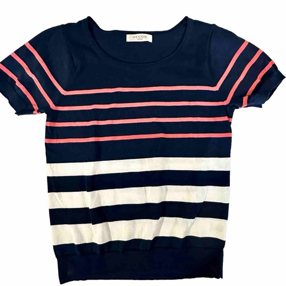 Ofuon Striped Blue Peach And White Women’s Blouse Size Small Preowned - Picture 1 of 7